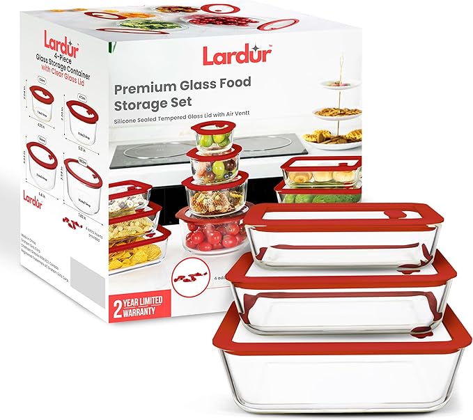 Glass Food Storage Containers with Glass Lids 3 Pack - Rectangle Meal Prep Food Container Set with Airtight Lids - Microwave & Dishwasher Safe 100% Plastic Free, Vented Gift Packaged, Red Color