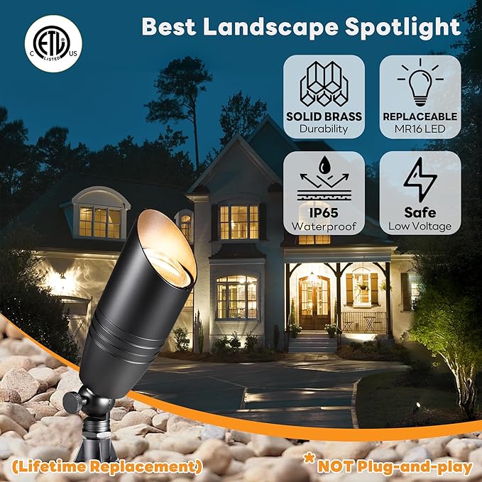 Spot Light Brass - Outdoor Landscape Spotlights LED, 12V Low Voltage Landscaping Uplights, Hard-Wired All Weather Black for Backyard Lawn with No Bulbs (8 Pack)