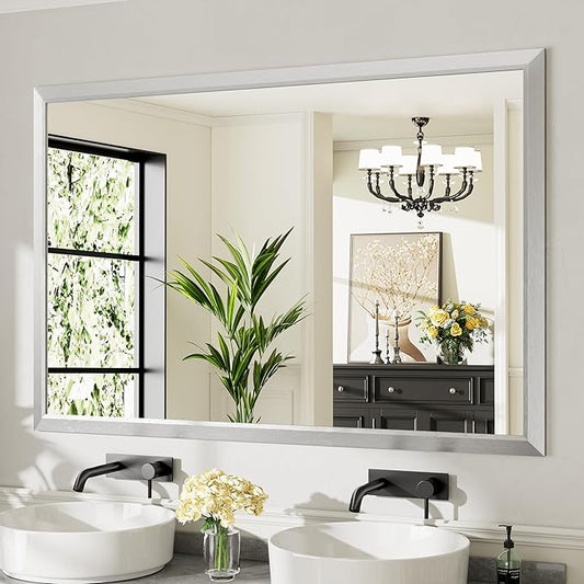 60x40 Inch Silver Bathroom Mirror for Wall, Thick Metal Framed Rectangle Mirrors for Over Sink, Bedroom, Living Room, Entryway, Anti-Rust, HD Tempered Glass