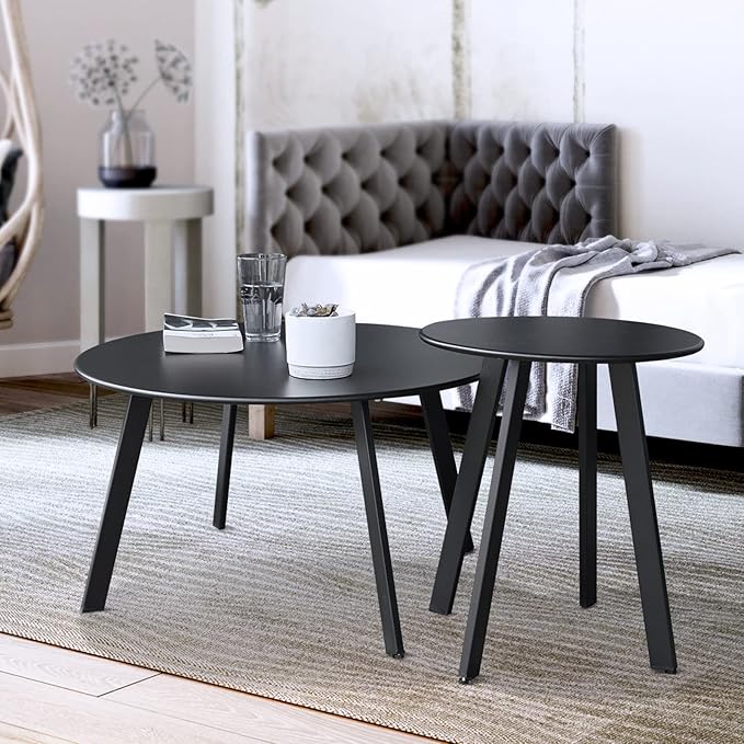 Outdoor Patio Coffee Table Set of 2, Weather Resistant End Table, Round Nesting Tables for Living Room Balcony Office,Black