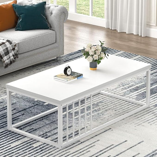 FOLUBAN White Coffee Table, Modern Rustic Wood and Metal Center Table, Industrial Rectangle Cocktail Tea Table for Living Room, White, 43.3 Inch