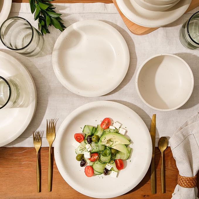 Bloomhouse Corsica Clay 12 Piece Stoneware Rustic Reactive Glaze Dinnerware Set - Stackable Plates and Bowls Set. Service for 4 - Matte Sea Salt White