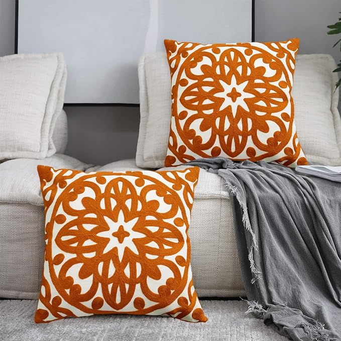 Alysheer Embroidered Decorative Throw Pillow Cover 18x18 inches Set of 2 Pieces, Boho Mandala Modern Chic Classic Pattern Cotton Cushion Case for Sofa Couch Bed Living Room(Burnt Orange)