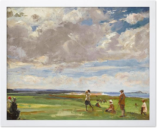 Poster Master Vintage Lady Astor Playing Golf at North Berwick Painting Print - Retro Golf Course Poster - Sports Art - Landscape Wall Design - Office or Living Room Wall Decor - 11x14 White Framed
