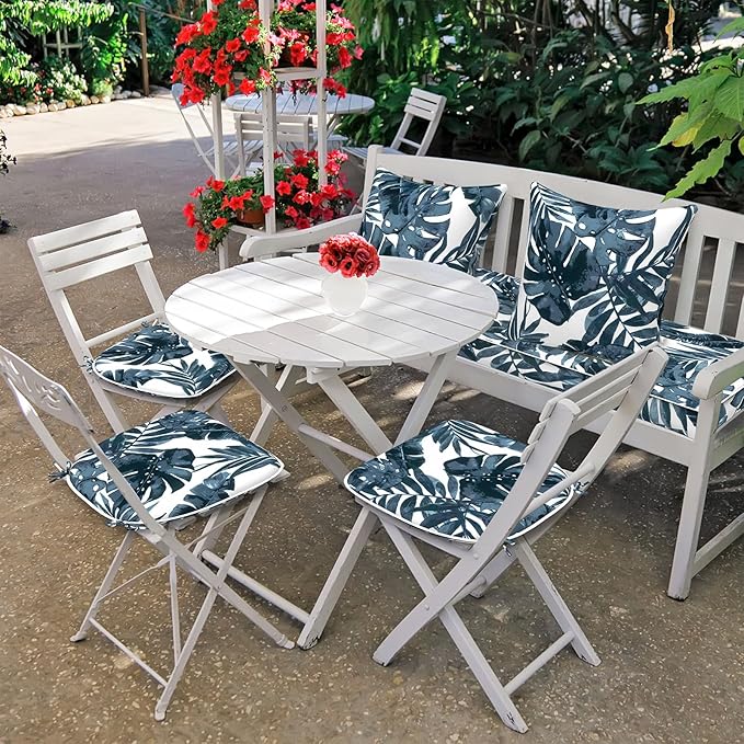 Set of 4 Outdoor Chair Cushions with Ties,Water Repellent Patio Chair Pads 17"x 16" for Outdoor Furniture,Round Corner Seat Cushions for Garden Yard Kitchen Palm Blue