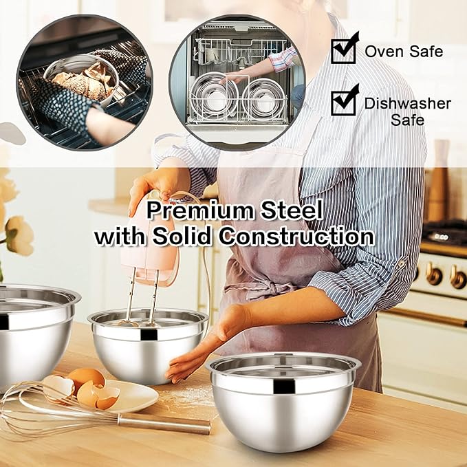 E-far Stainless Steel Mixing Bowls with Airtight Lids, 7-Piece Metal Nesting Bowls with Black Lids for Saving Storage Space, Size 7, 4.6, 3, 2, 1.5, 1, 0.7QT, Great for Baking/Cooking/Prepping