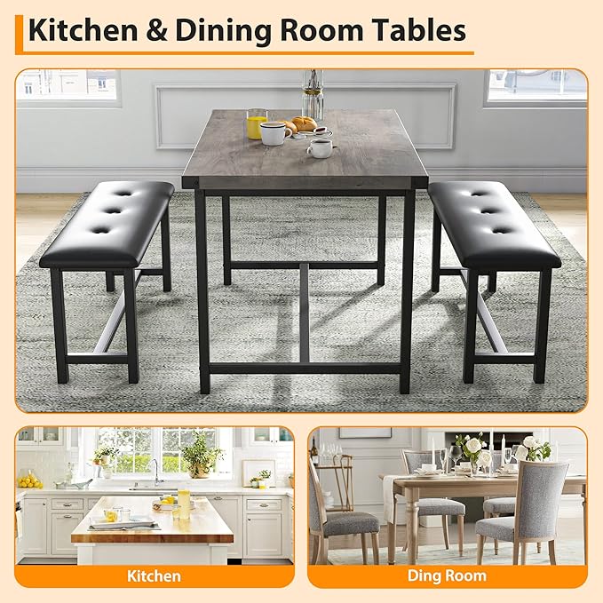 Dining Table Set for 4, Dining Room Table Set with 2 Upholstered Benches, Small Kitchen Table Set, 3 Piece Farmhouse Rectangular Dining Room Table Set, Space Saving Dining Table for Apartment