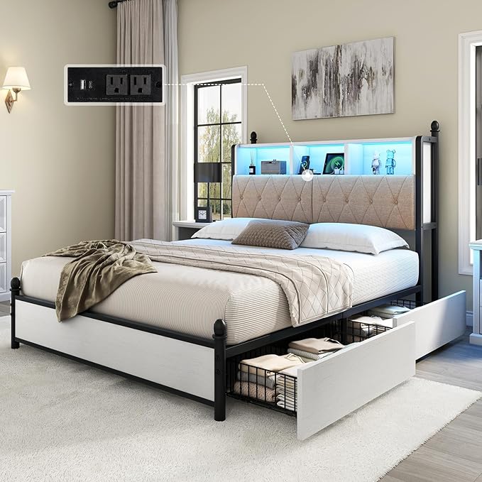 AMERLIFE Queen Bed Frame with Bookcase Headboard & 4 Storage Drawers, Wooden Platform Bed with Charging Station and LED Light, No Box Spring Needed/Noise-Free, White