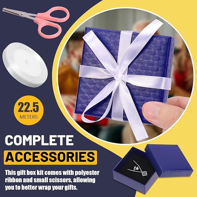Glarks 17pcs Dark Blue 2.95 x 2.95in Jewelry Gift Boxes with Pink Scissors and White Polyester Ribbon Set, Diamond Pattern Necklace Earring Bracelet Boxes Gift Case Ideal