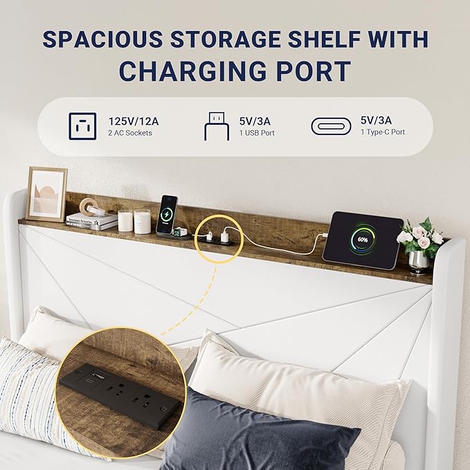 Allewie Queen Size Velvet Bed Frame with 3 Storage Drawers, Upholstered Platform Bed with Wingback Storage Headboard and USB Ports, No Box Spring Needed, Easy Assembly, White