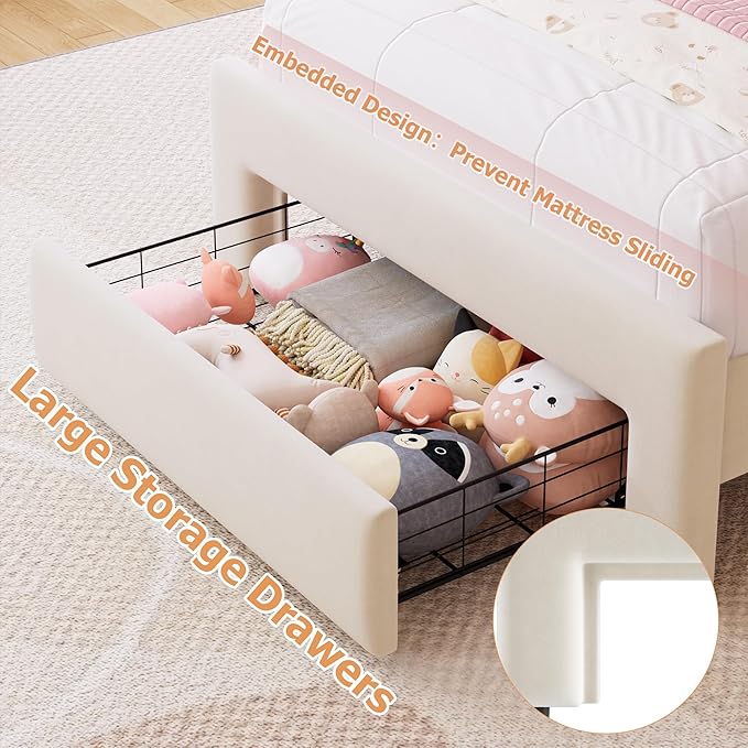 Twin Upholstered LED Bed Frame with Storage Drawer and Adjustable Chic Double Wavy Headboard, Velvet Princess Platform Bed for Kids/Girls, Solid Wood Slats Support, No Box Spring Needed, Beige