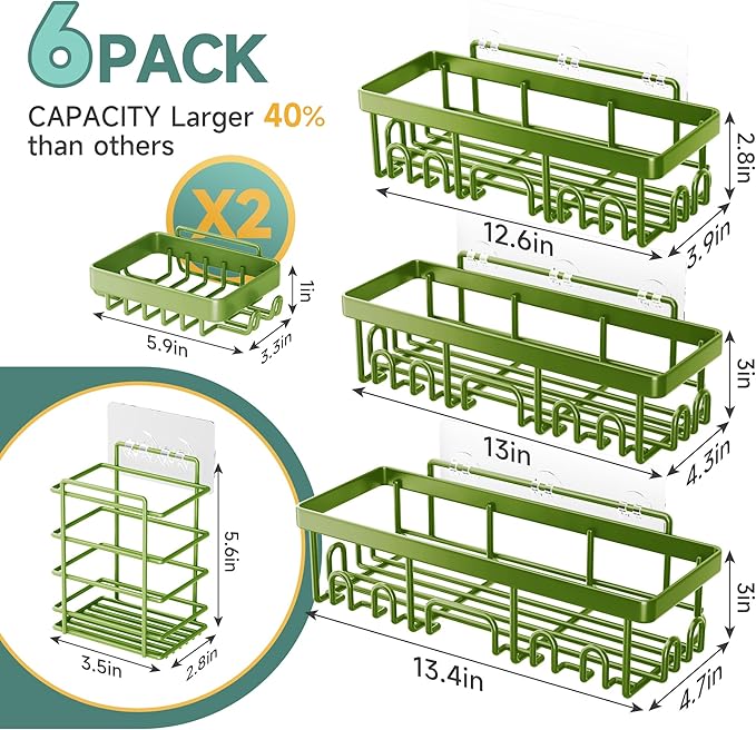 Veken Rustproof & Waterproof Shower Caddy 6-Pack, No Drilling Adhesive Shelves Rack with Soap Holder, Large Capacity Bathroom Organizers and Storage, Wall-Mounted Kitchen & Home Decor