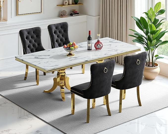 Goujxcy Faux Marble Dining Table Set for 4, Modern 5-Piece Dining Table Set with 4 Velvet Upholstered Chairs, 70" Large Long Faux Marble Kitchen Dining Room Table and Chairs with Stainless Steel Legs