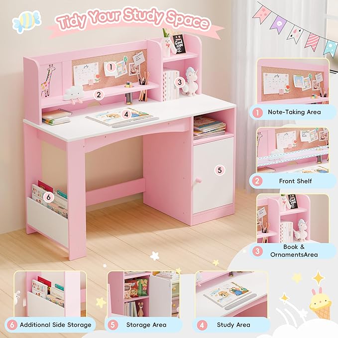 Kids Study Desk with Chair and Tiltable Desktop, Kids Stud Des and Chair Set with Hutch&Storage Cabinet, Wooden Children Study Table for 5-12 Years Old, Student Writing Desk for Bedroom (Pink)