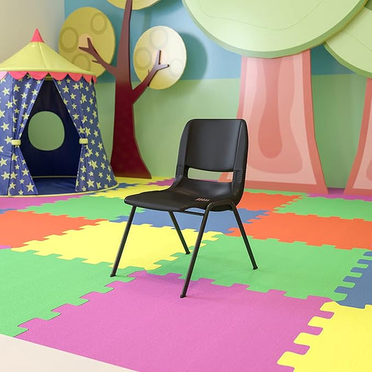 EMMA + OLIVER Kid's Black Ergonomic Shell Stack Chair - Black Frame and 14" H Seat