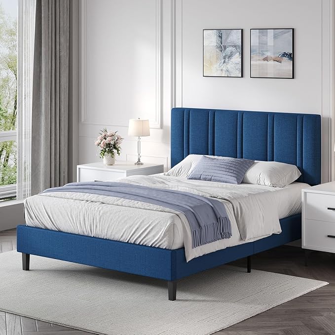 Full Bed Frame with Headboard and Storage, Upholstered Platform Bed with Tufted Headboard, Fabric Bed Frame with Wooden Slats Support, No Box Spring Required, Easy Assembly, Blue