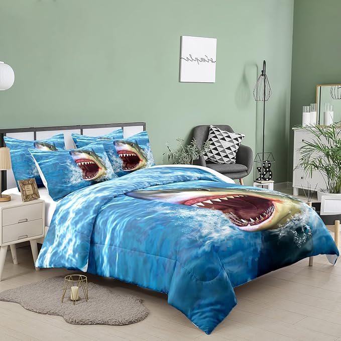 Tailor Shop Big Shark Comforter Set for Boys Teens Shark Open Big Mouth Blue Ocean Comforter Shark Bedding Set Full Size with 1 Comforter 2 Pillowcases…