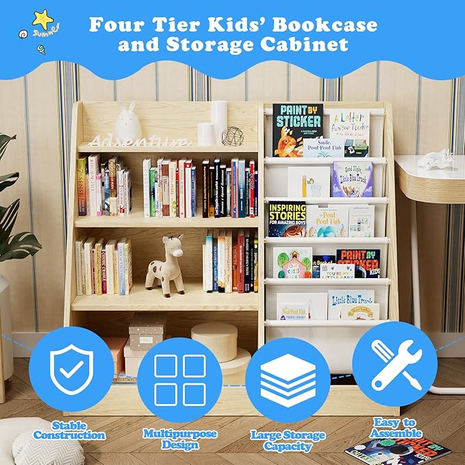 4 Tier Kids Wooden Bookshelf,Five Layer Sling Children Bookcase,Baby Storage Book Rack,Book and Toy Organizer Cabinet Chest,Book Display Shelf,Playroom Nursery Classroom Library