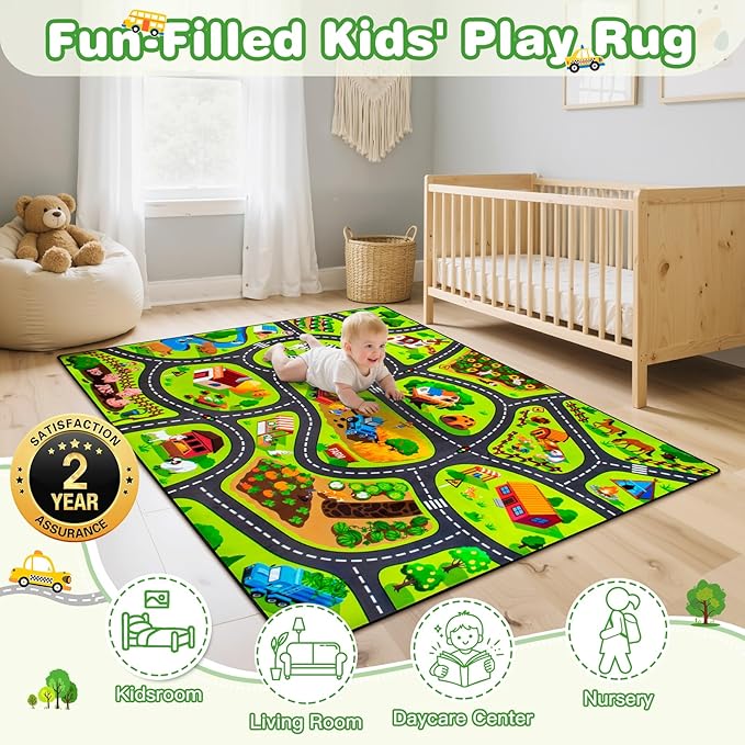 Kids Farm Play Rug, 5' x 7' FT Happy Farm Activity Playmat, Extra Thick (0.4in) - Non-Slip Car Rugs for Kids' Toy Cars, Educational Play Mat Race Track Carpet for Kid's Room, Bedroom and Learning