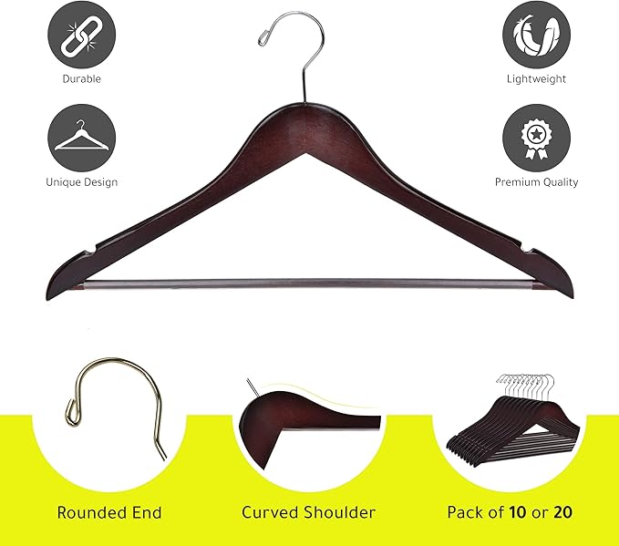 Quality Wooden Hangers - Slightly Curved, 20 Pack Sets - Mahogany Color Wood Coat Hangers with Chrome Hooks - Heavy-Duty for Clothes, Jackets, Shirts, Pants, Suits