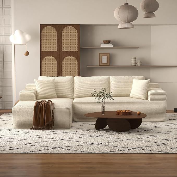 OC Orange-Casual 106.3" Cloud Sectional Couch with L-Shape Chaise,No Assembly Required Modular Sofa,Upholstered Boneless Couches for Living Room, Plush Corduroy Fabric (White, Left Facing Chaise)