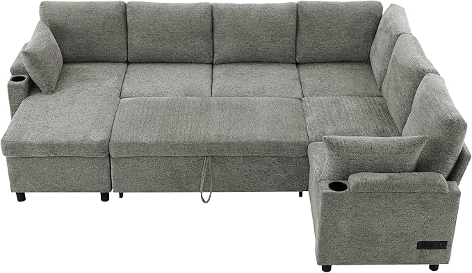 Ball & Cast 109.9" Sectional Sofa with Pull Out Bed, Chenille Upholstered Sleeper Sofa Bed with Storage Chaise, Convertible U Shaped Couch with Two Cup Holders and Charging Ports ，Light Grey
