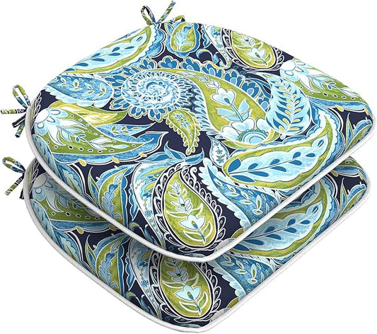 Set of 2 Outdoor Chair Cushions with Ties,Water Repellent Patio Chair Pads 17"x 16" for Outdoor Furniture,Round Corner Seat Cushions for Garden Yard Kitchen Paisley Lapis Green