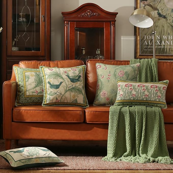 patdrea Designer Pack of 2 Rectangle Throw Pillow Covers,French Vintage Rustic Linen with Green Floral Pattern Pillows Cover,Decorative Lumbar Pillowcases Cushion for Bed Living Room,12"x20"