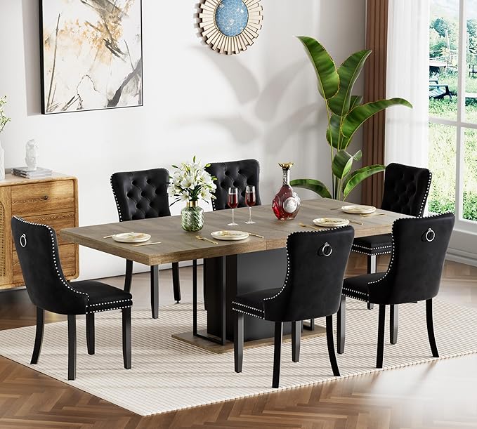 Goujxcy 78.7" Farmhouse Extendable Dining Room Table Set for 6, 7-Piece Rectangle Kitchen Dining Room Table Set with Wood Base and 6 Black Velvet Dining Chairs, Extending Kitchen & Dining Table Set