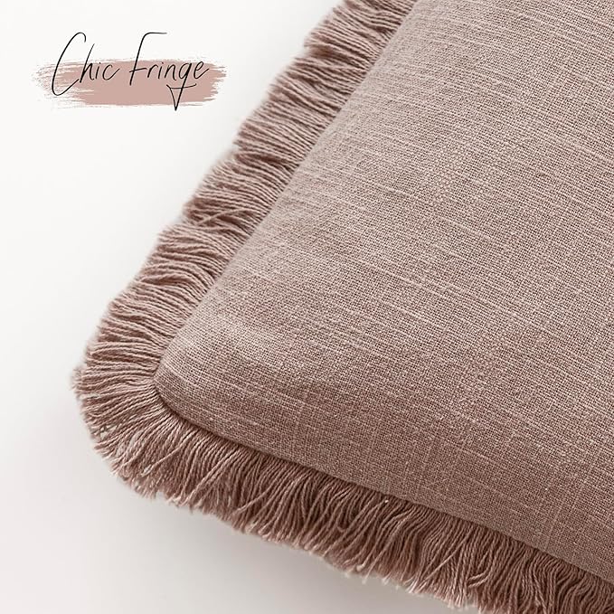 Foindtower Set of 2 Decorative Linen Fringe Throw Pillow Covers Boho Farmhouse Cushion Cover with Tassels Soft Accent Pillowcase for Couch Sofa Bed Living Room Home Decor,20×20 Inch,Dusty Pink