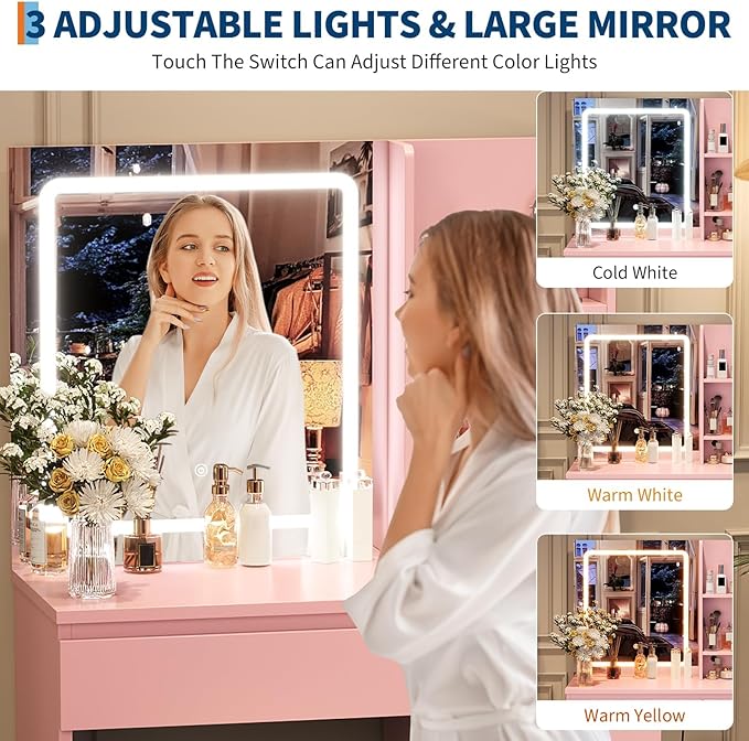 Vanity Desk with Mirror and LED Light, Vanity Desk with 4 Drawers, Power Outlet, Storage Stool, Storage Shelves & Hair Dryer Holder, Adjustable 3 Lighting Mode, Makeup Vanity Set for Bedroom, Pink