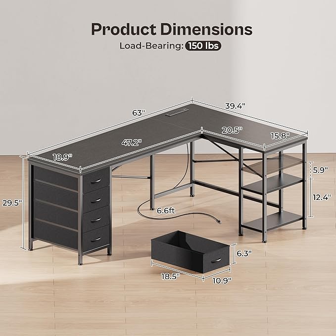 Huuger 63 Inch L Shaped Desk with Fabric Drawers, Reversible Computer Gaming Desk with Power Outlets and USB-C Port, Adjustable Side Storage Shelves, for Work Study Corner Home Office, Black