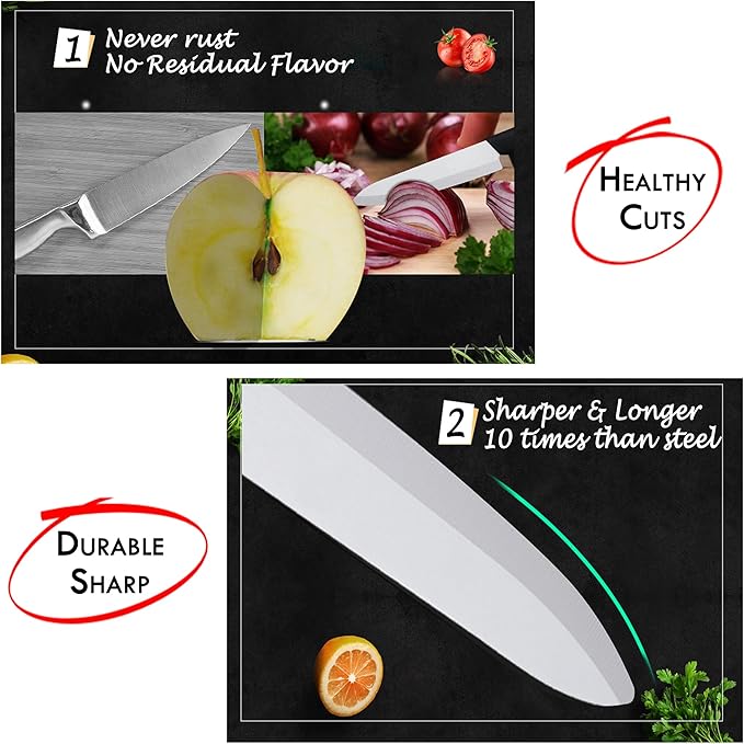 Ceramic Knife Set with Sheaths - Super Sharp Rust Proof Stain Resistant Ceramic Knives Set - Includes 5-inch Utility Knife, 4-inch Fruit Knife, 3-inch Paring Knife