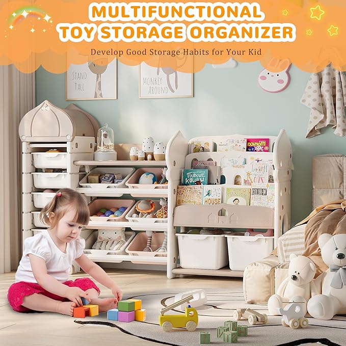Kids Toy Storage Organizer with 13 Removable Bins, 4-Tier Bookshelf for Kids, Multi-Purpose Castle-Shaped Toy Organizer for Playroom, Bedroom, Nursery, Living Room (Cream)