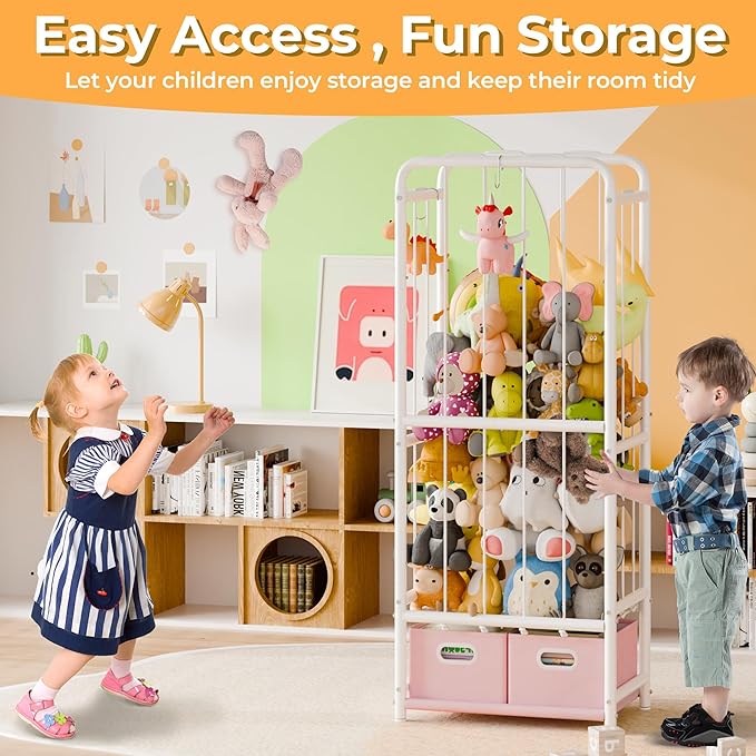 GRANNY SAYS Stuffed Animal Storage Tube with 2 Toy Bins, Plushies Storage, Toy Organizer Holder with Elastic Band and Hooks, Metal Stuff Animal Storage, Kids Toy Storage Organizer for Bedroom Playroom
