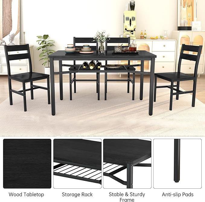 Hooseng Dining Table Set for 4, Wood Kitchen Table Chairs Set with Storage, Farmhouse 5 Piece Dining Room Table Set, Space-Saving Dinette Set for Breakfast Nook, Apartment (Black)