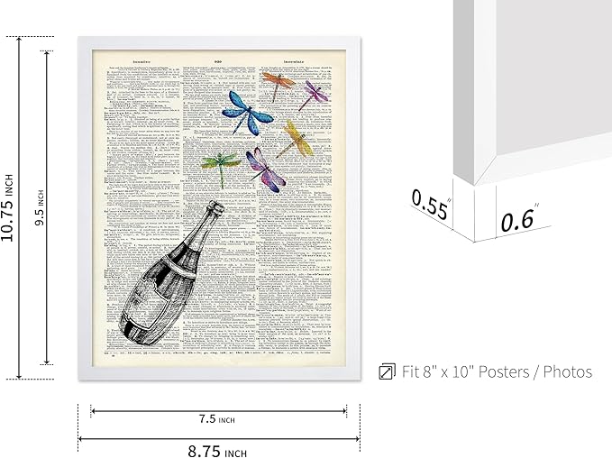 Poster Master Dictionary Art Poster - Champagne Bottle Print - Dragonfly Art - Alcohol Art - Gift for Men, Women & Bartender - Great Decor for Bar, Kitchen or Restaurant, 8x10 White Framed