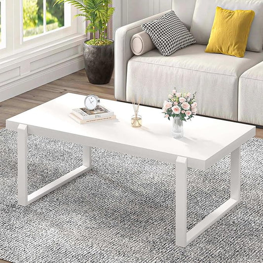 EXCEFUR Small Coffee Table, Modern Minimalist Wood and Metal Center Table for Living Room, Rustic Cocktail Tea Table for Office, White Oak, 44 Inch
