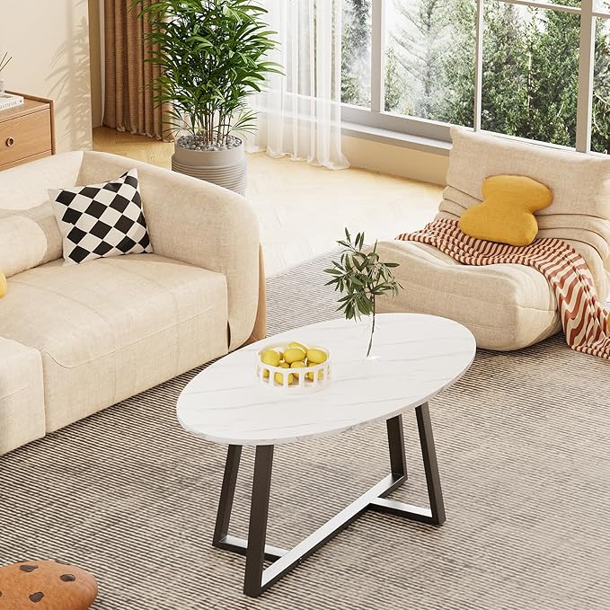 Coffee Table Small Oval Table,White Faux Marble Table for Living Room, Modern Center Tea Tables for Small Space,Wooden Tables End Tables with Sturdy Black Metal Leg