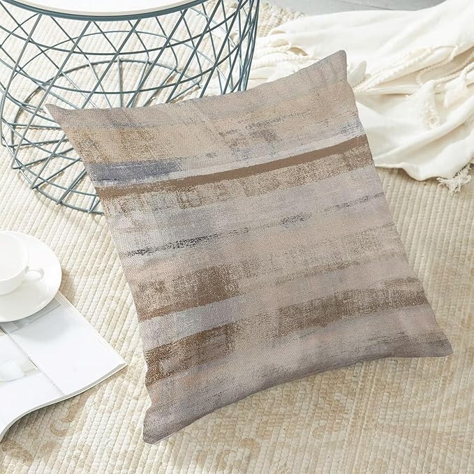 Boho Brown Grey Stripe Throw Pillow Covers 18x18 Inch Set of 2, Rustic Abstract Decorative Throw Pillow Covers Retro Stripe Linen Outdoor Cushion Cover for Sofa Couch Farmhouse Room Bed Decor