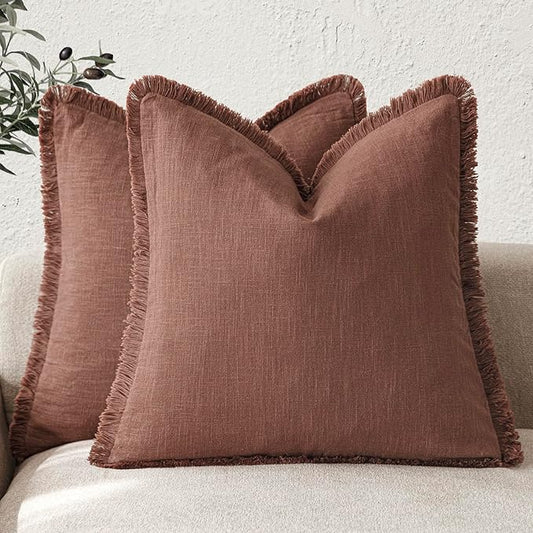 Foindtower Set of 2 Decorative Linen Fringe Throw Pillow Covers Boho Farmhouse Cushion Cover with Tassels Accent Pillowcase for Couch Chair Sofa Bed Living Room Home Decor,22×22 Inch,Rust Red