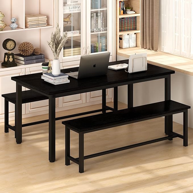 Lamerge Kitchen Table Set with 2 Benches 4 Person Dining Room Table Set for Home Kitchen, Dining Room, Restaurant, Space Saving, 47.2inch Table and 41.3inch Bench, Black