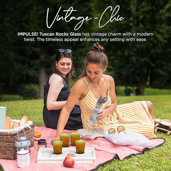 IMPULSE! Tuscan Rocks Glass Set - Olive, Dishwasher Safe, Chic Vintage Style - 8 oz - Ideal for Gin, Mixed Cocktails, Bourbon, Margaritas, Soft Drinks, Beer, Water - Mexican Style Glasses - Set of 4