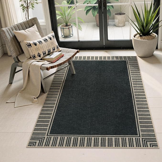 OJIA Easy Jute 3x5 Outdoor Rug Front Door Mats Washable Rugs for Entryway, Striped Border Black Rug Non-Slip Indoor Doormat Outdoor Porch Rug Farmhouse Area Rug for Outside Patio Living Room