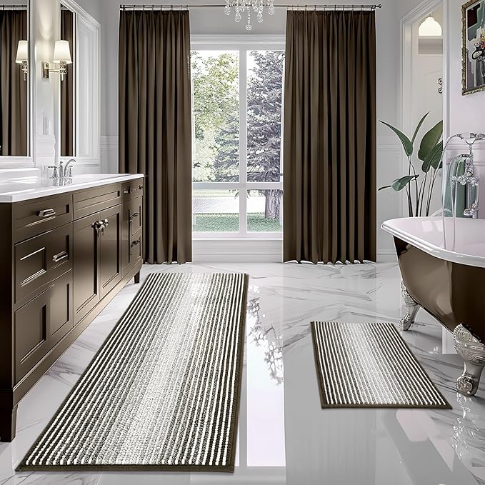 BSICPRO Bathroom Rugs and Mats Sets, 2 Piece Thick Absorbent Chenille Bath Mat Rug Set Non Slip, Soft Shaggy Bath Room Floor Mats for Bathroom, Machine Washable (Latte, 20" x 60" Plus 20" x 32")