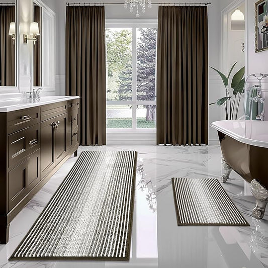 BSICPRO Bathroom Rugs and Mats Sets, 2 Piece Thick Absorbent Chenille Bath Mat Rug Set Non Slip, Soft Shaggy Bath Room Floor Mats for Bathroom, Machine Washable (Latte, 20" x 60" Plus 20" x 32")