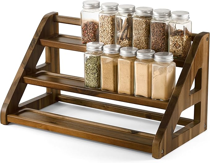 Tinamo Acacia Wood Spice Rack - Wooden 3-Tier Spice Rack Organizer for Countertop or Cabinet – Kitchen Spice Organizer and Seasoning Organizer Shelf (Walnut)