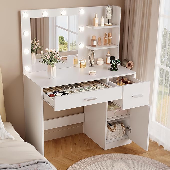 YESHOMY Vanity Desk with Mirror, 10 Lights, Power Outlet and 3 Storage Shelves, Makeup Table with 2 Drawers & 1 Cabinet, 3 Color Modes, for Bedroom, White
