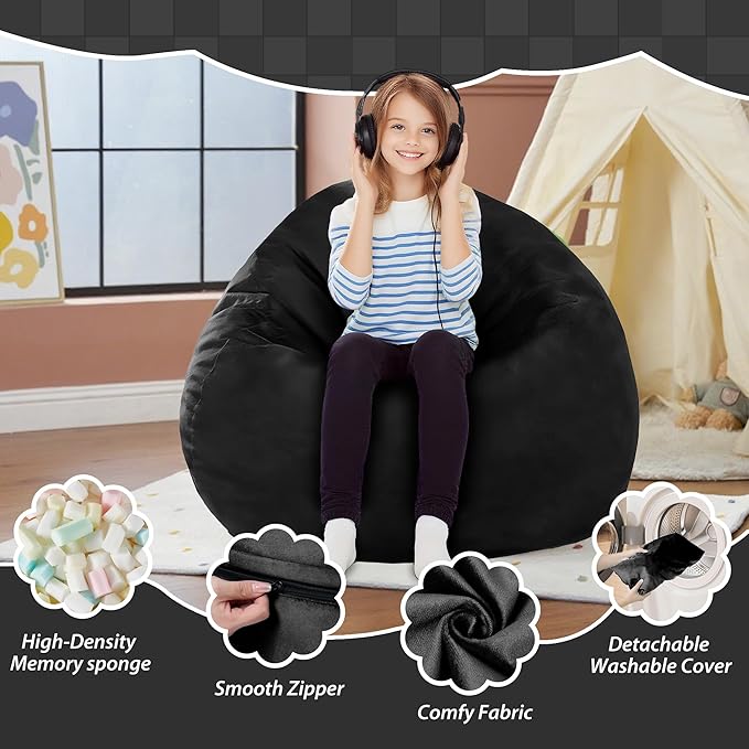 2FT Bean Bag Chair with Ultra Soft Velvet Cover Bean Bag Sofa with Memory Foam Bean Bag Chairs with Large Size Lazy Sofa for Dorm Office Living Room Bedroom Black 2'