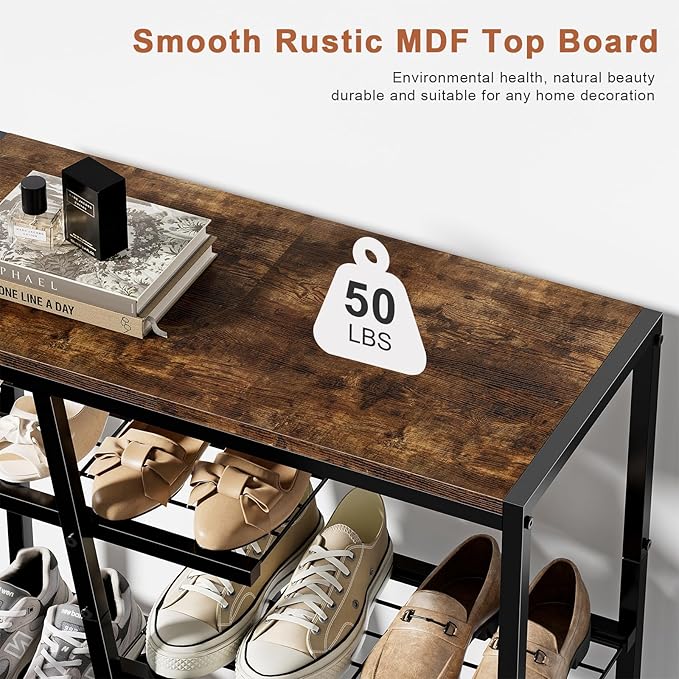 Shoe Rack, 6-Tier Boot Rack, Wooden Storage Organizer for Tall Boots, Sneakers, Metal Shoe Rack Organizer with Metal Mesh Shelves, 10-12 Pairs of Shoes for Closet, Entryway, Rustic Brown